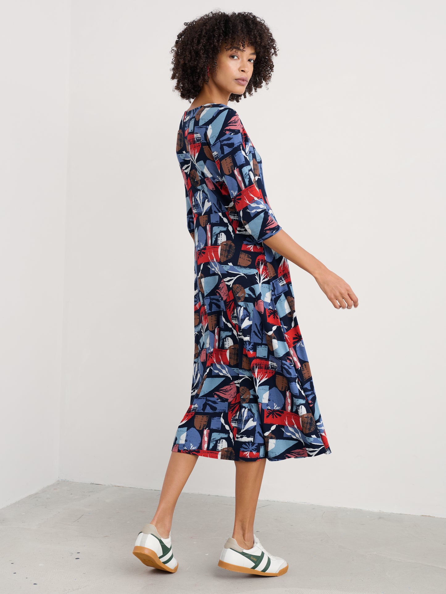 Seasalt Wild Bouquet 3/4 Sleeve Midi Dress Marine Forms Mussel Pattern