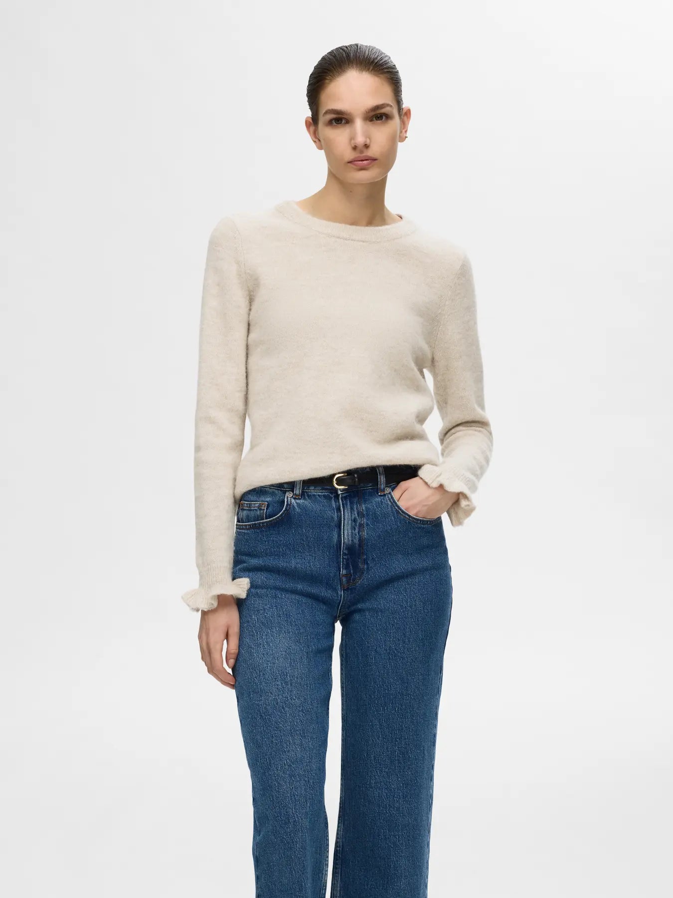 picture of Selected Femme Lulu Long Sleeve Frill Cuff Knit - Birch Melange - Number Two - womens clothing - Selected Femme 3