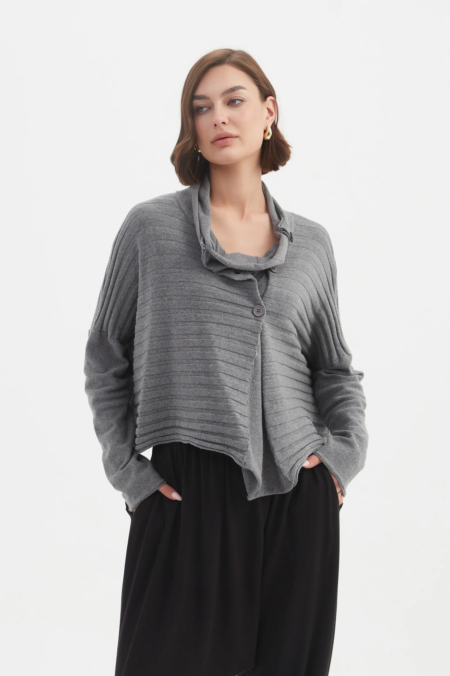 picture of Tirelli Cowl Neck Button Knit - Grey - Number Two - womens - fashion - clothing - Tirelli 1