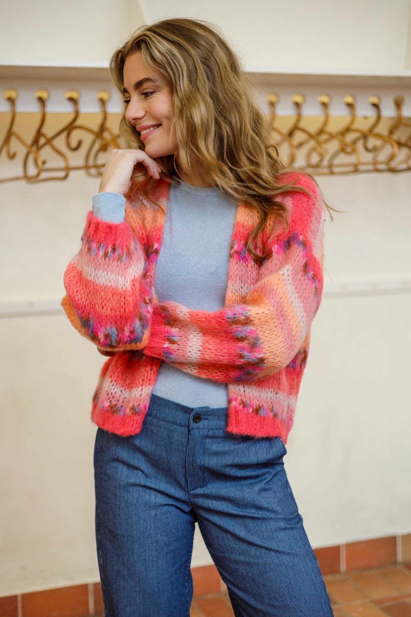 picture of Black Colour LAGOON multi striped cardigan - Peach Multi - Number Two - womens - fashion - ethical - clothing -