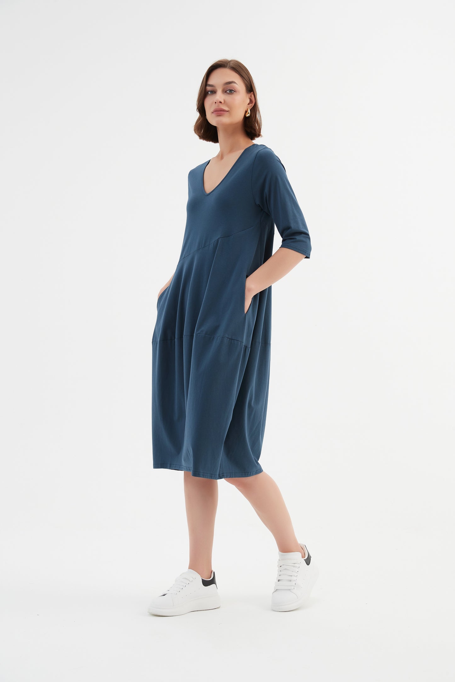 Tirelli V Neck Diagonal Seam Dress Teal
