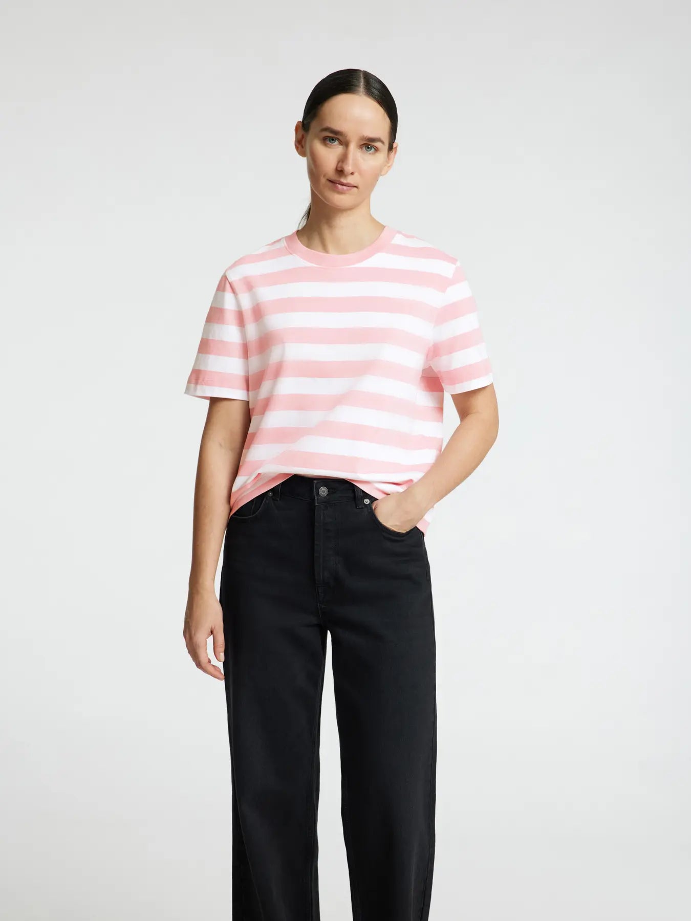 Selected Femme Essential SS Striped Boxy Tee Bleached Mauve White Stripe