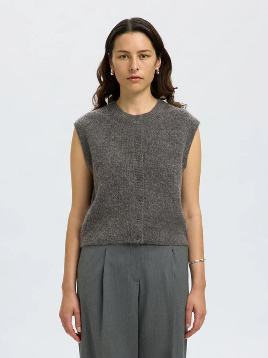 picture of Selected Femme Lulu Button Vest Wool Blend Knit - Medium Grey Melange - Number Two - womens - fashion e