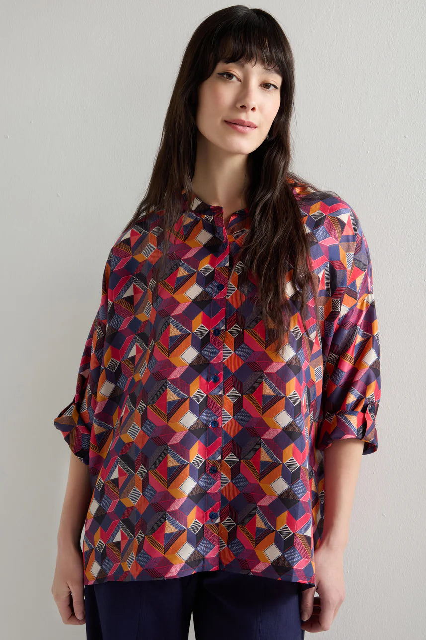 Sahara Small Stitched Squares Silk Shirt Multi