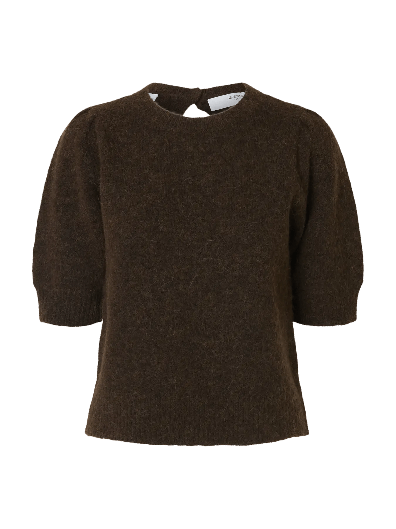 picture of Selected Femme Lulu Short Sleeve Open Back Wool Blend Knit - Delicioso Chocolate Melange - Number Two - womens