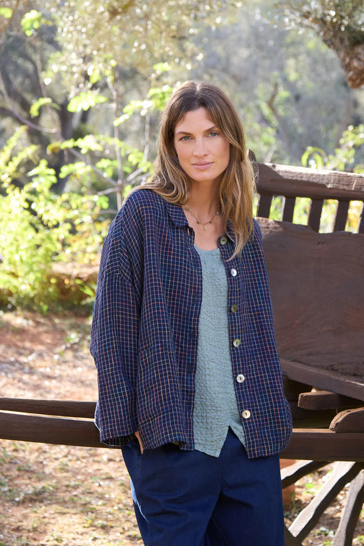 Sahara Linen Navy Space Dye Check Boxy Jacket Multi