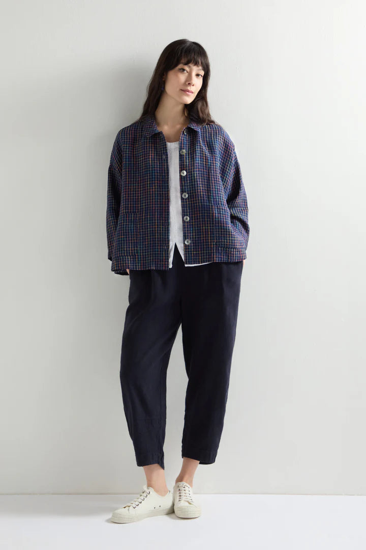 Sahara Linen Navy Space Dye Check Boxy Jacket Multi