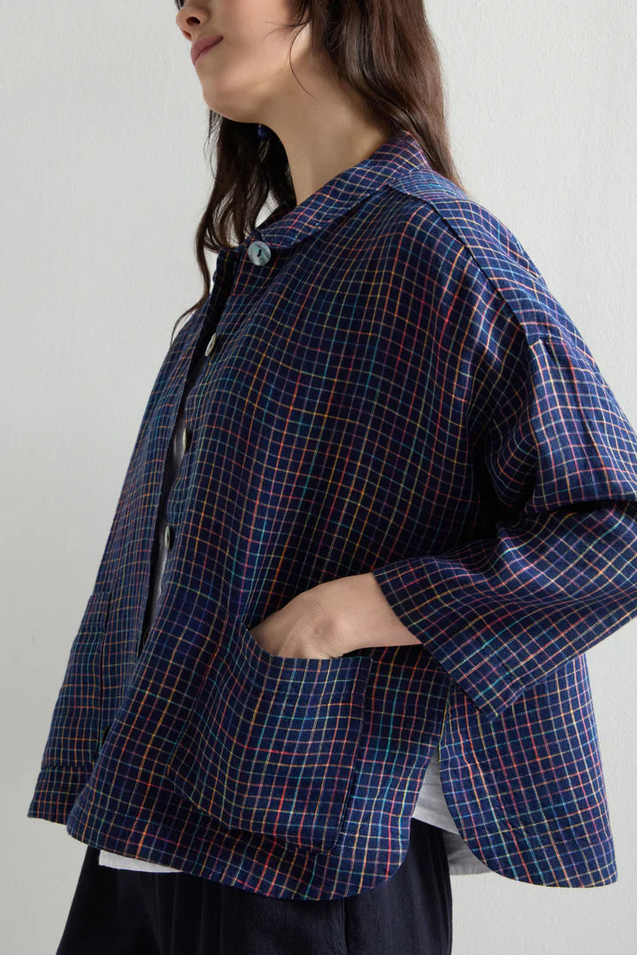 Sahara Linen Navy Space Dye Check Boxy Jacket Multi