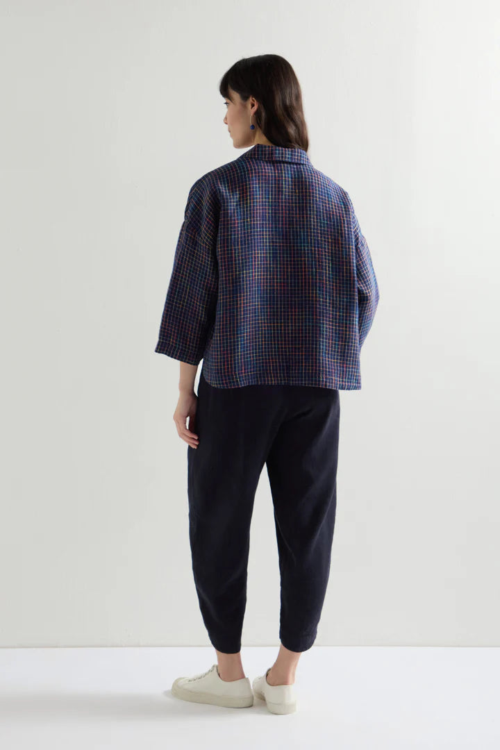 Sahara Linen Navy Space Dye Check Boxy Jacket Multi