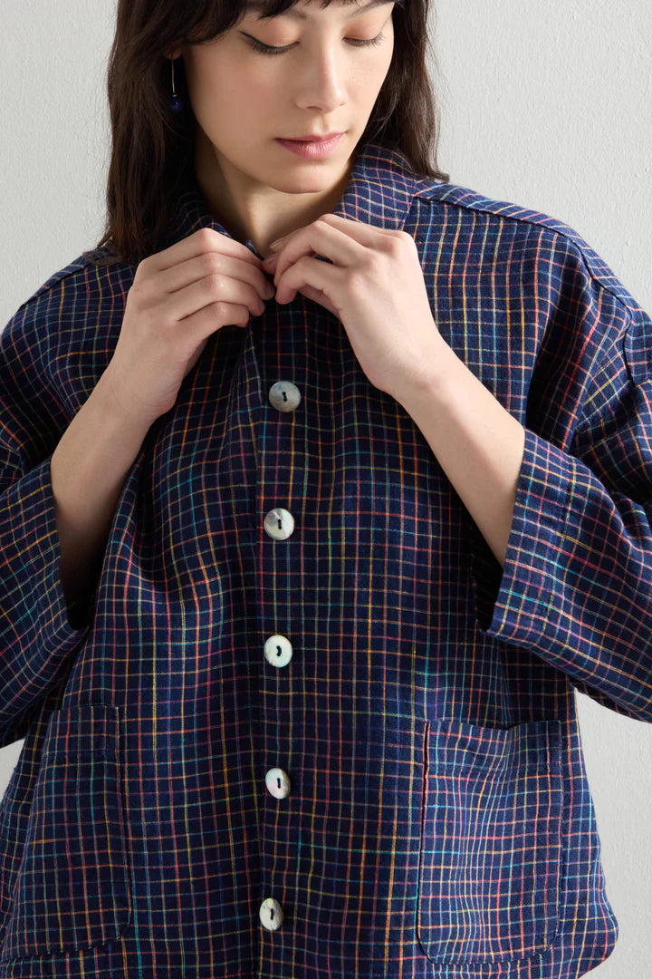 Sahara Linen Navy Space Dye Check Boxy Jacket Multi