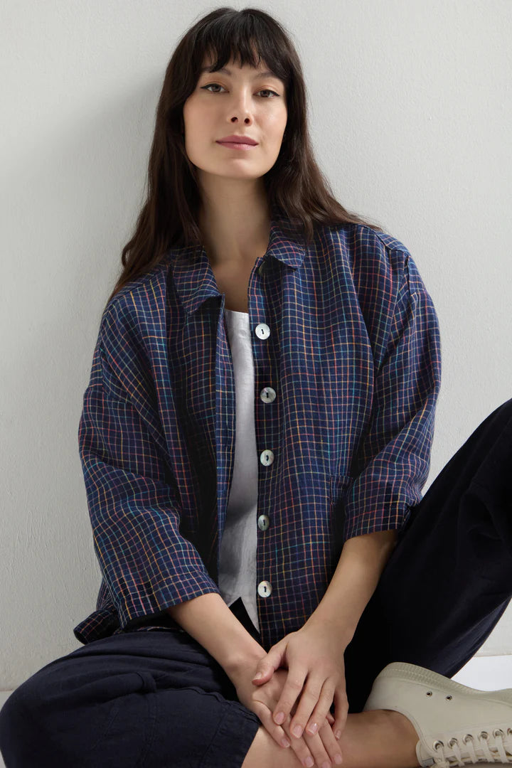 Sahara Linen Navy Space Dye Check Boxy Jacket Multi