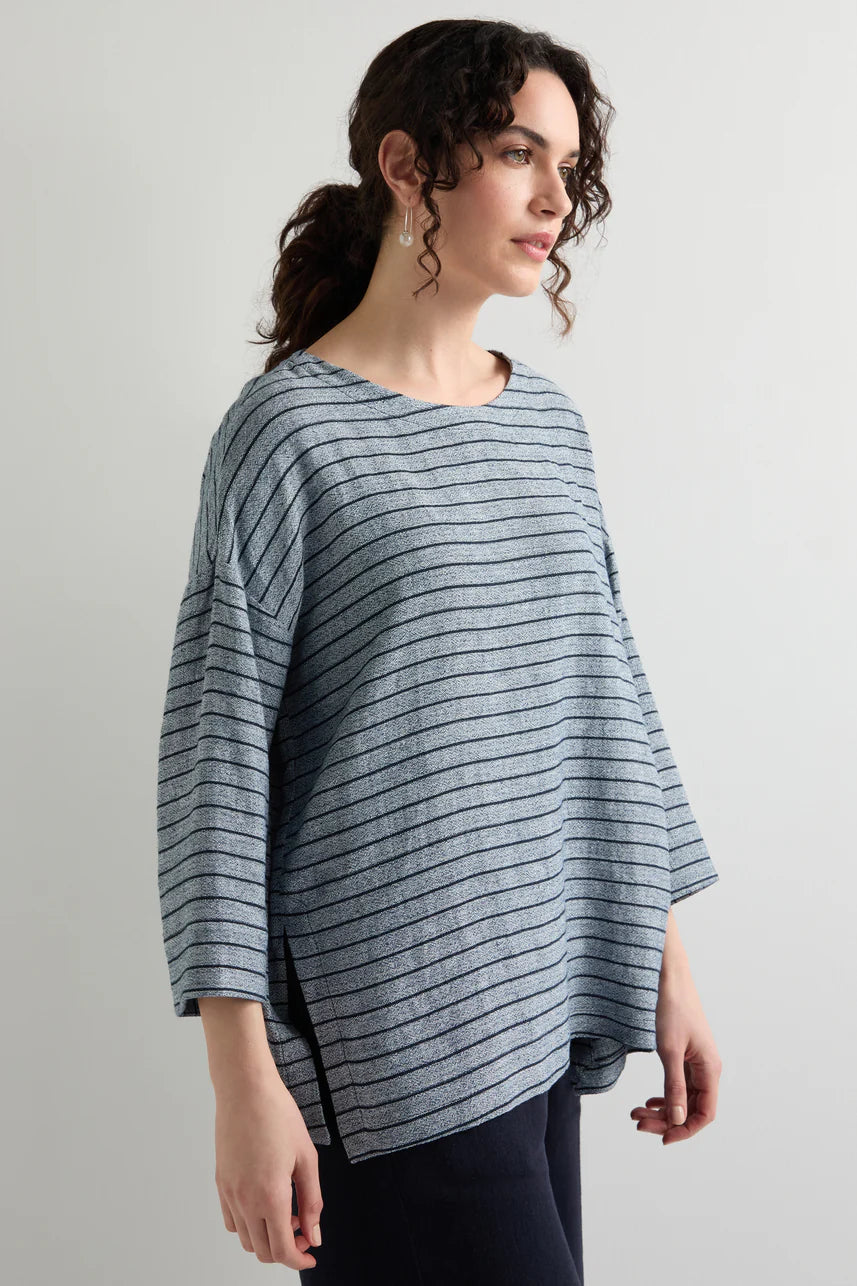 Sahara Linen Viscose Stripe Boxy Top Navy Marl/Navy