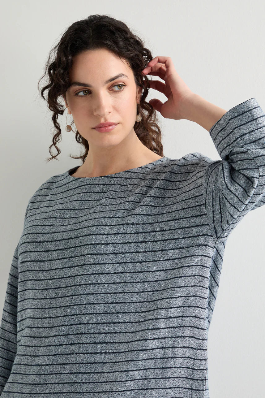 Sahara Linen Viscose Stripe Boxy Top Navy Marl/Navy