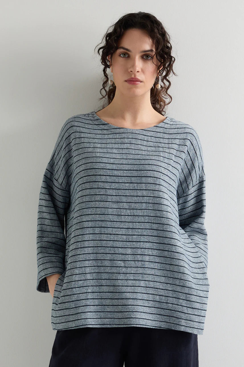 Sahara Linen Viscose Stripe Boxy Top Navy Marl/Navy