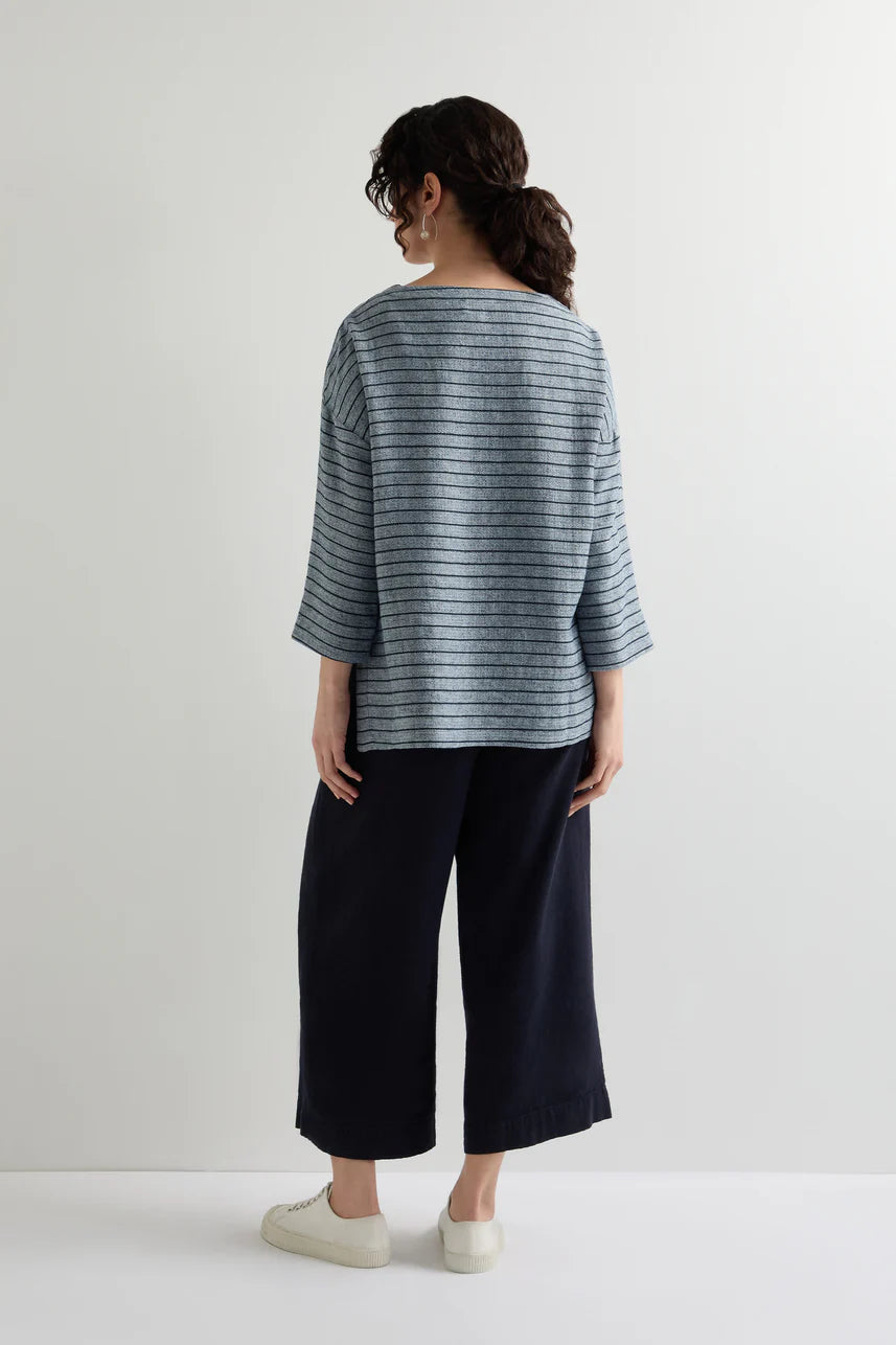 Sahara Linen Viscose Stripe Boxy Top Navy Marl/Navy
