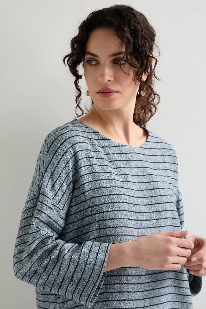 Sahara Linen Viscose Stripe Boxy Top Navy Marl/Navy