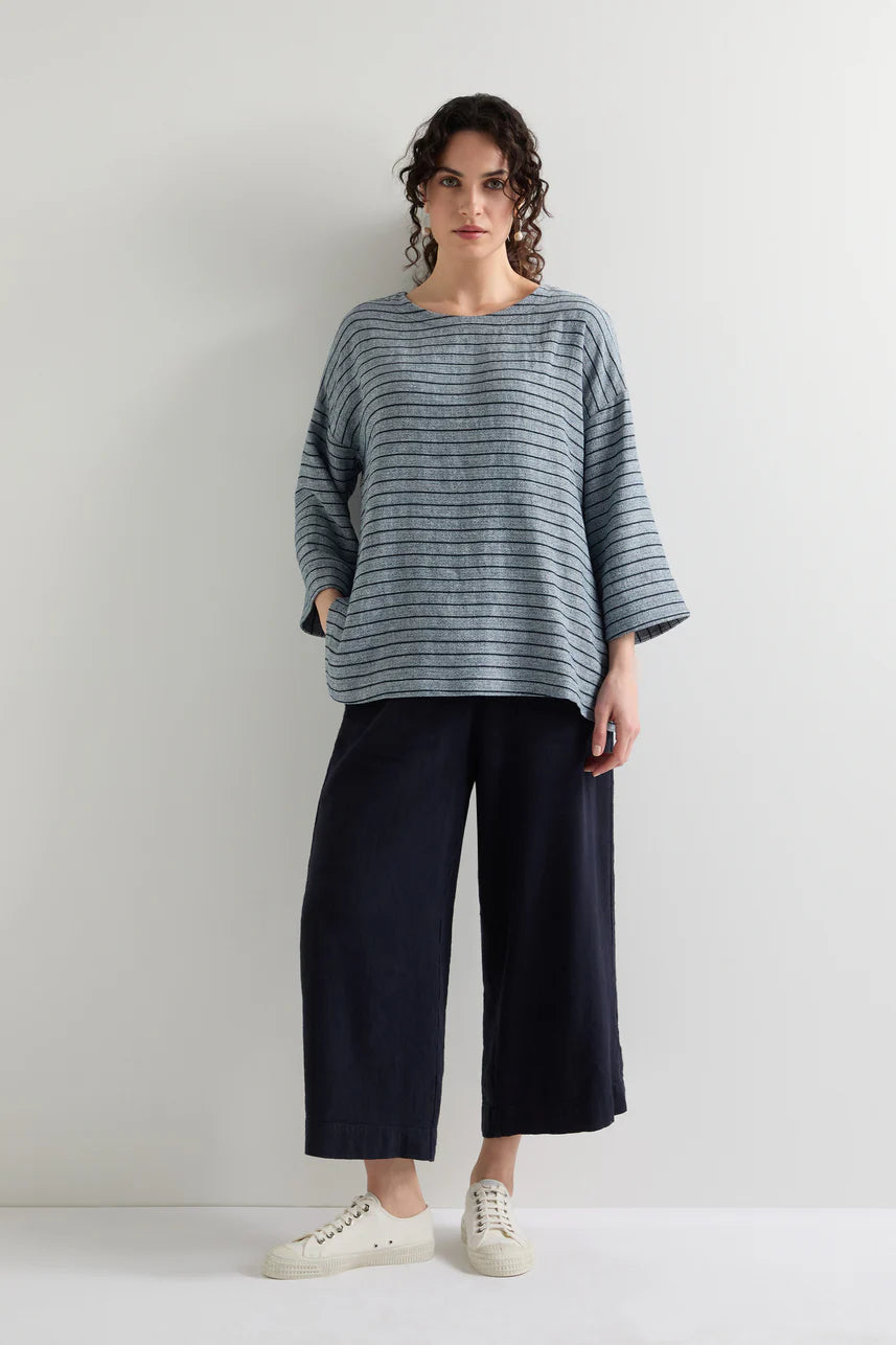Sahara Linen Viscose Stripe Boxy Top Navy Marl/Navy