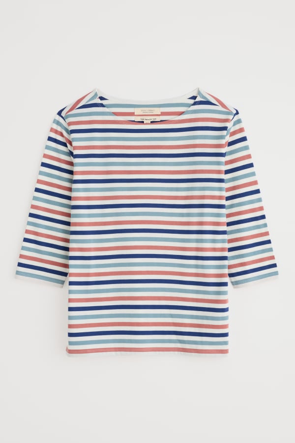 Seasalt Sailor 3/4 Sleeve Top Organic Cotton Jersey Stripe Tri Mini Cornish Chalk Rose Dew