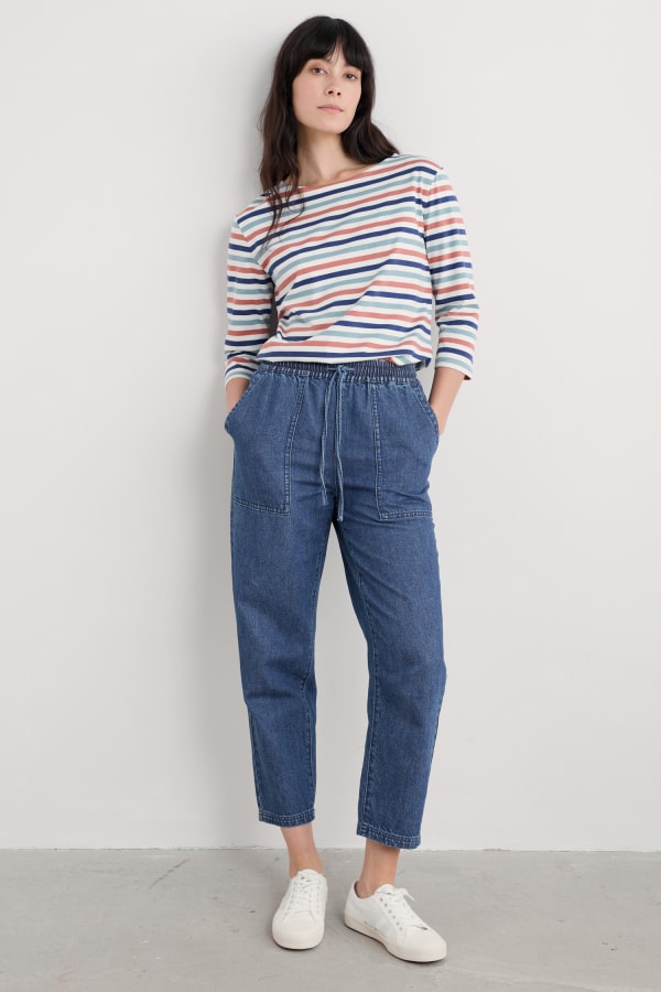 Seasalt Sailor 3/4 Sleeve Top Organic Cotton Jersey Stripe Tri Mini Cornish Chalk Rose Dew