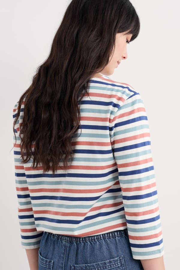 Seasalt Sailor 3/4 Sleeve Top Organic Cotton Jersey Stripe Tri Mini Cornish Chalk Rose Dew
