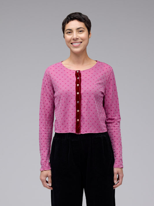 picture of Cut Loose Velvet Trim Cardigan Mesh Dot - Rhubarb - Number Two - womens - fashion - clothing - Cut Loose 1