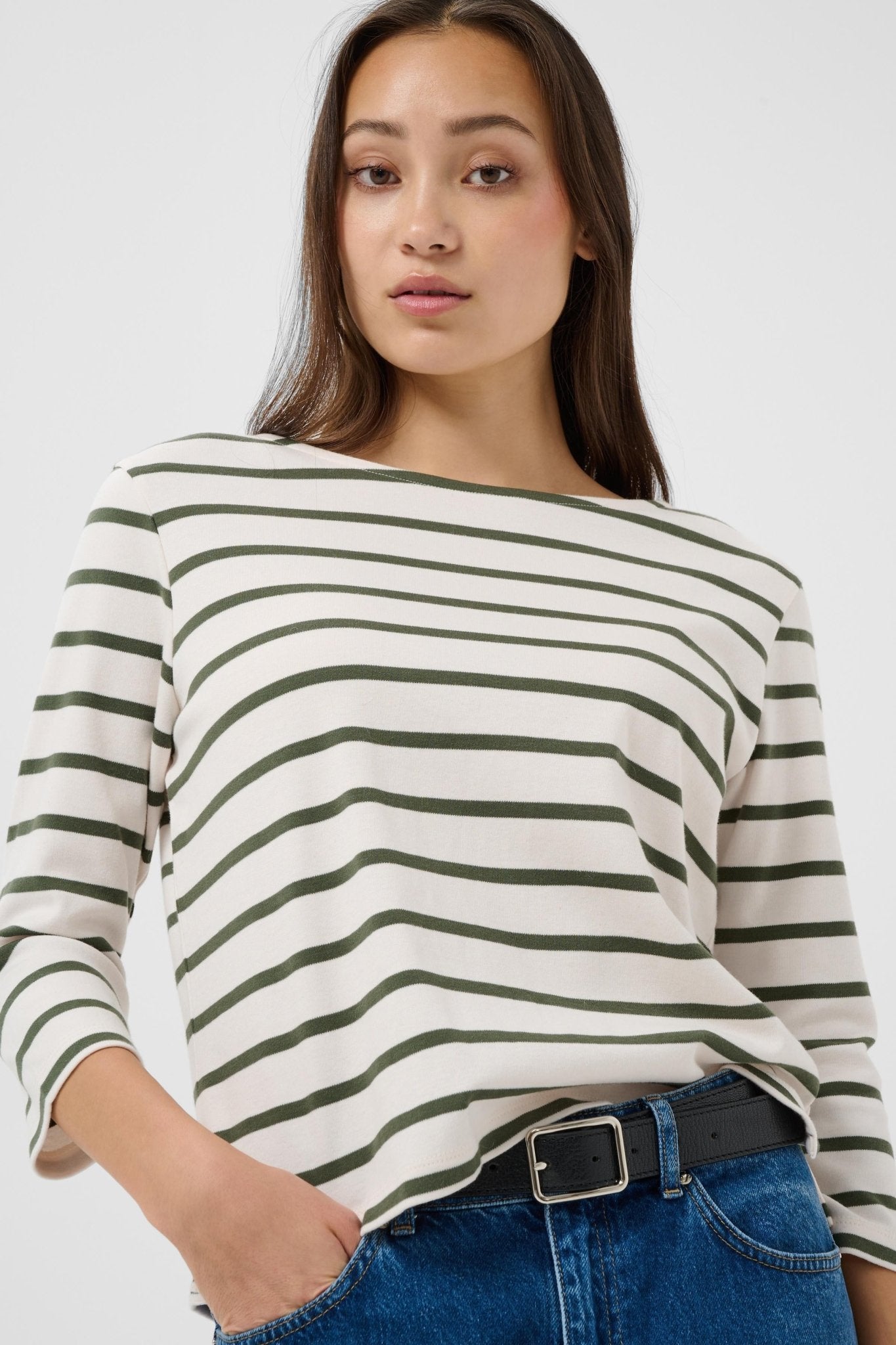 picture of Part Two Nela T-Shirt - Ecru/Beetle Green Stripe - Number Two - womens - fashion - clothing - Part Two 1