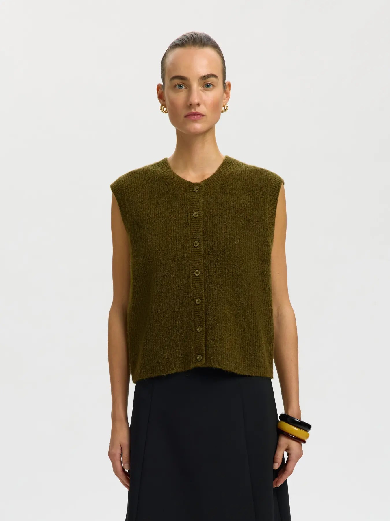 Selected Lulu Button Vest  - Fir Green Melange
