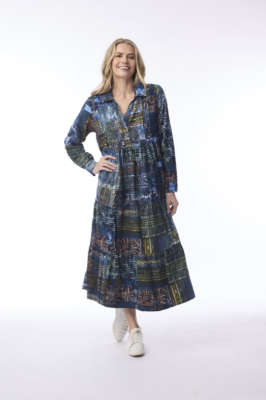 picture of Orientique Isfahan Midi Collar Dress Cord - Blue/Green Print - Number Two - womens - fashion - clothing - Orientique 1