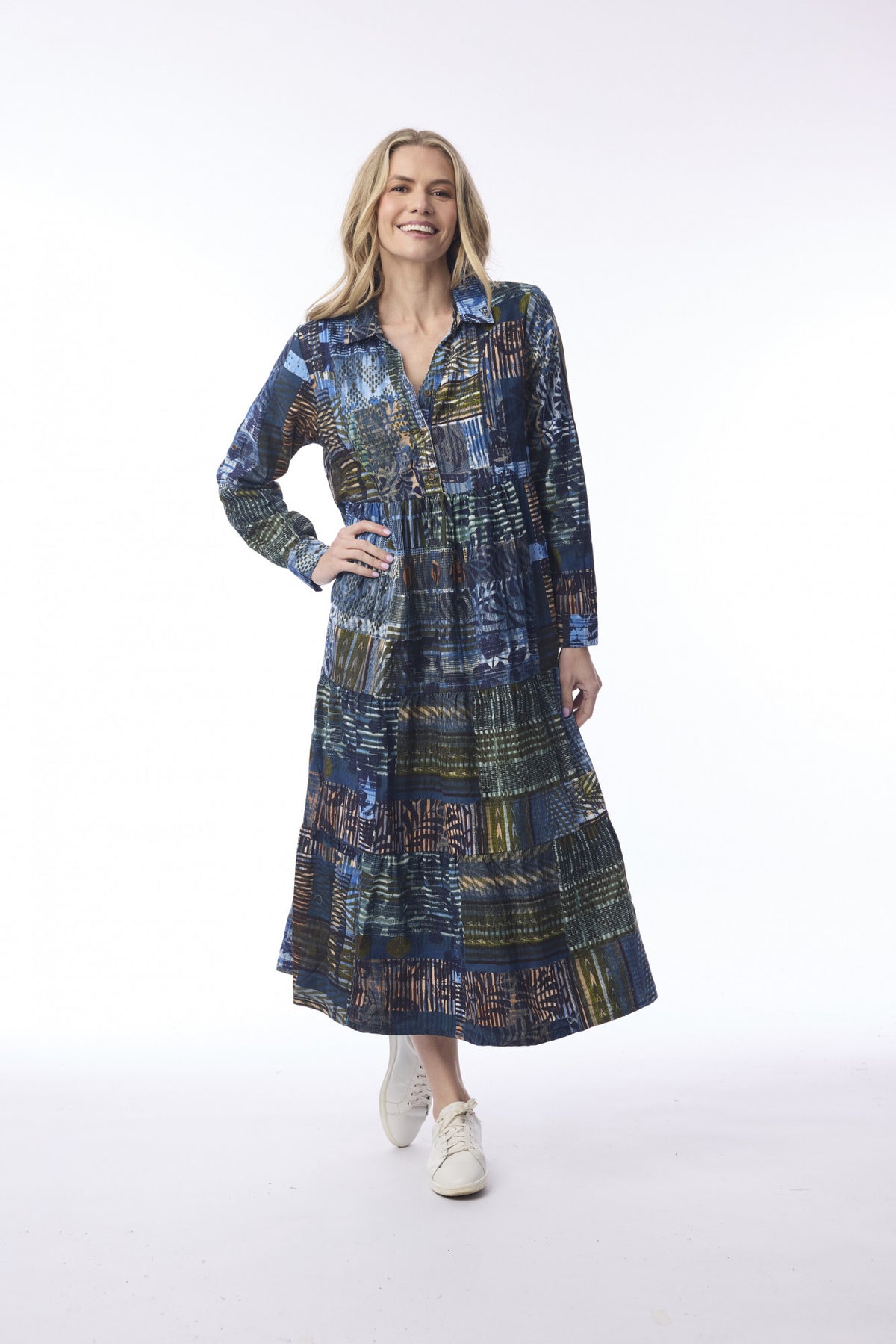 picture of Orientique Isfahan Midi Collar Dress Cord - Blue/Green Print - Number Two - womens - fashion - clothing - Orientique 1