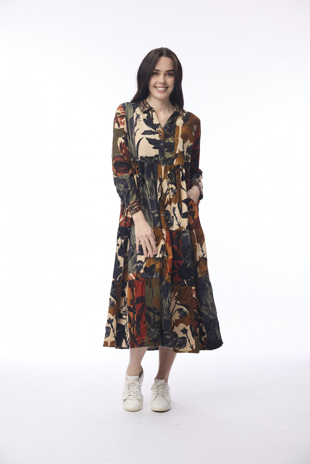 picture of Orientique Dagomba Midi Collar Dress Cord - Blue/Tan Print - Number Two - womens - fashion - clothing - Orientique 1