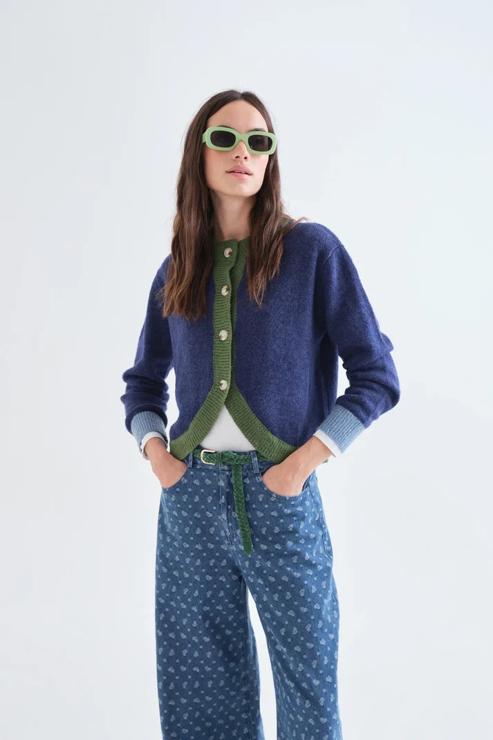 Compania Fantastica 10215 Colour Block Trim Cardigan - Navy