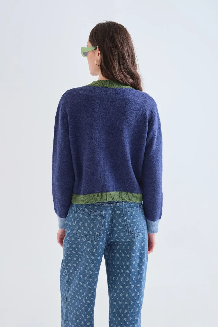 Compania Fantastica 10215 Colour Block Trim Cardigan - Navy