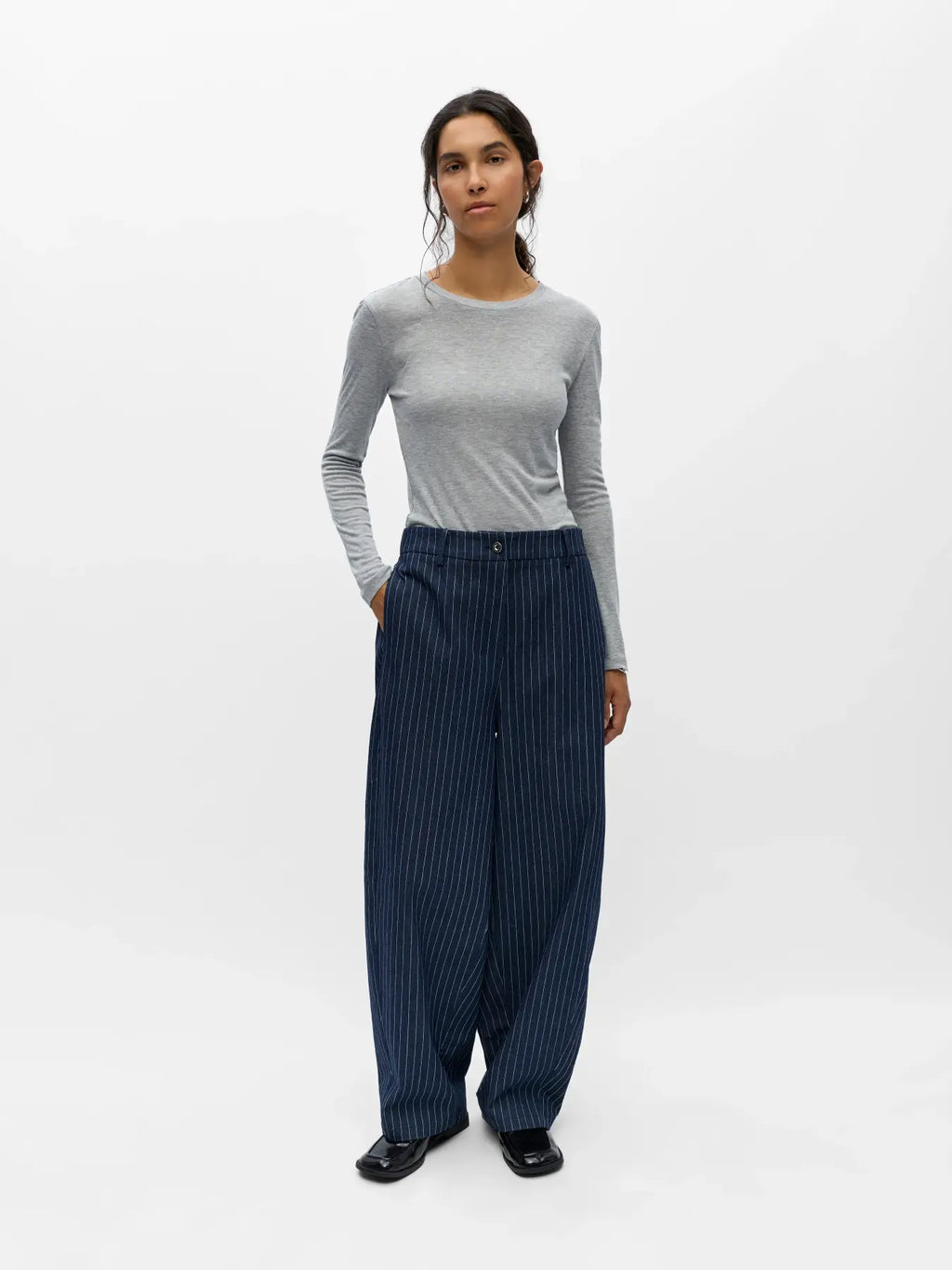 Object Asra Barrel Trousers - Dark Blue Denim Pin Stripe