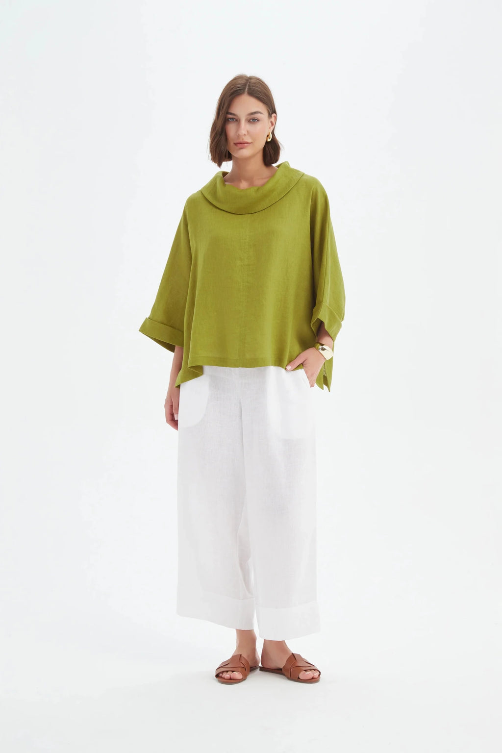 picture of Tirelli Funnel Neck Linen Boxy Top - Chartreuse - Number Two - womens - fashion - clothing - Tirelli 3