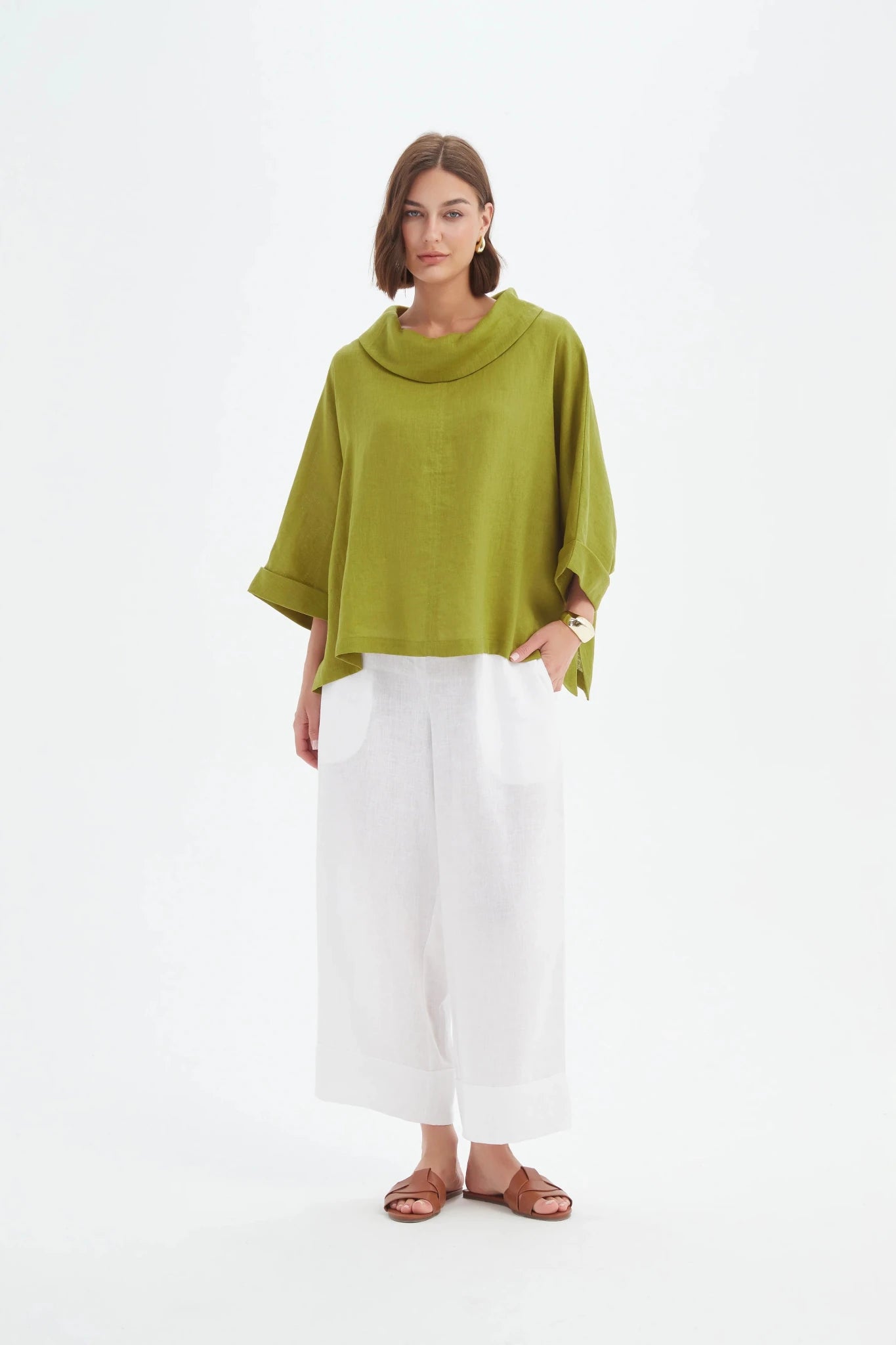 picture of Tirelli Funnel Neck Linen Boxy Top - Chartreuse - Number Two - womens - fashion - clothing - Tirelli 3