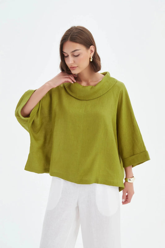 picture of Tirelli Funnel Neck Linen Boxy Top - Chartreuse - Number Two - womens - fashion - clothing - Tirelli 1