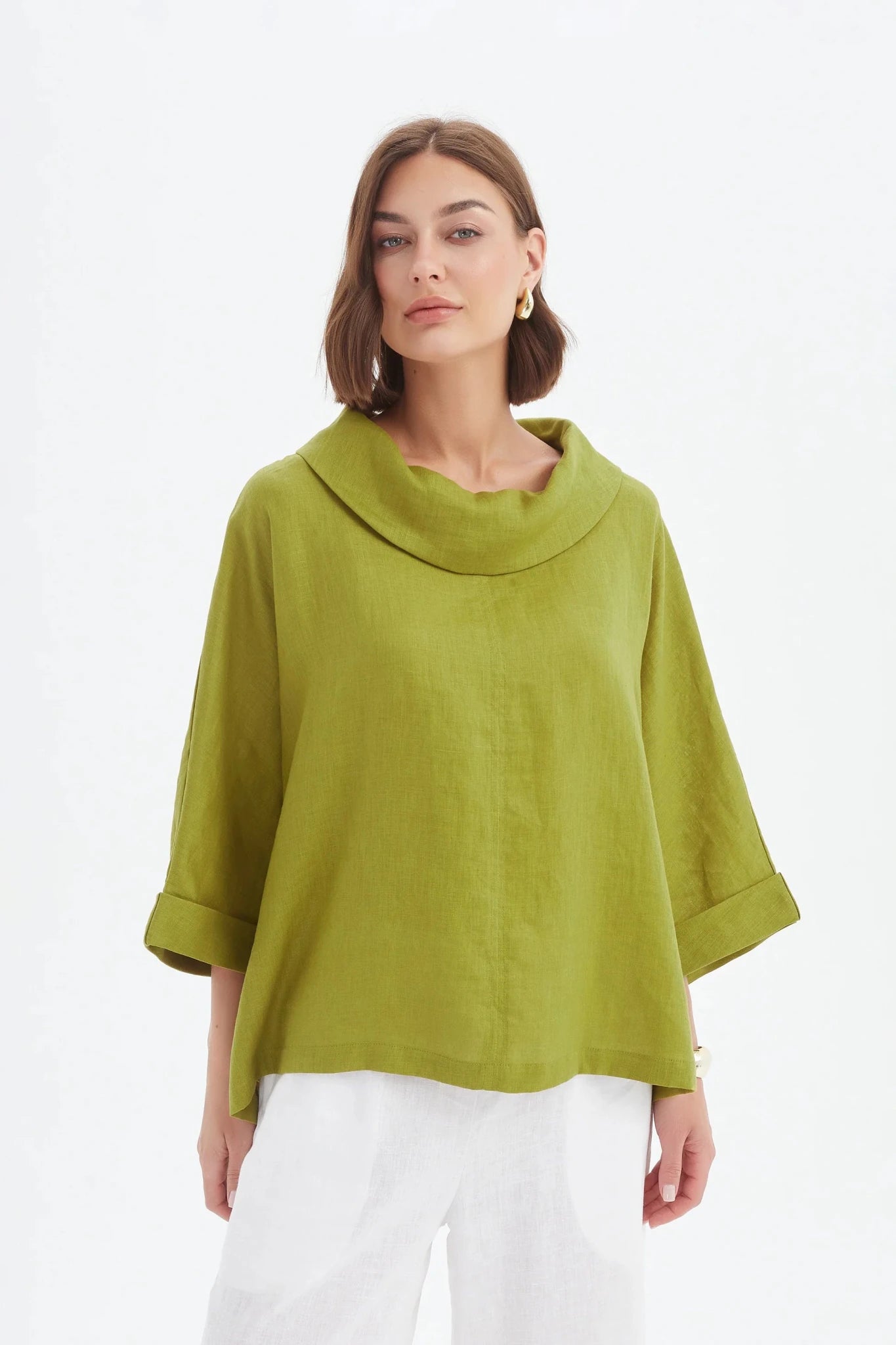 picture of Tirelli Funnel Neck Linen Boxy Top - Chartreuse - Number Two - womens - fashion - clothing - Tirelli 2