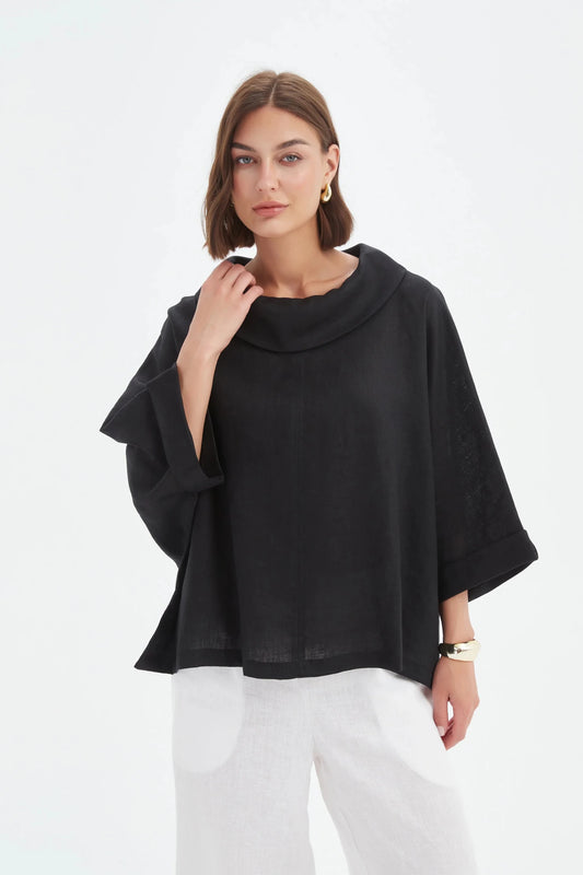 picture of Tirelli Funnel Neck Linen Boxy Top - Black - Number Two - womens - fashion - clothing - Tirelli 1