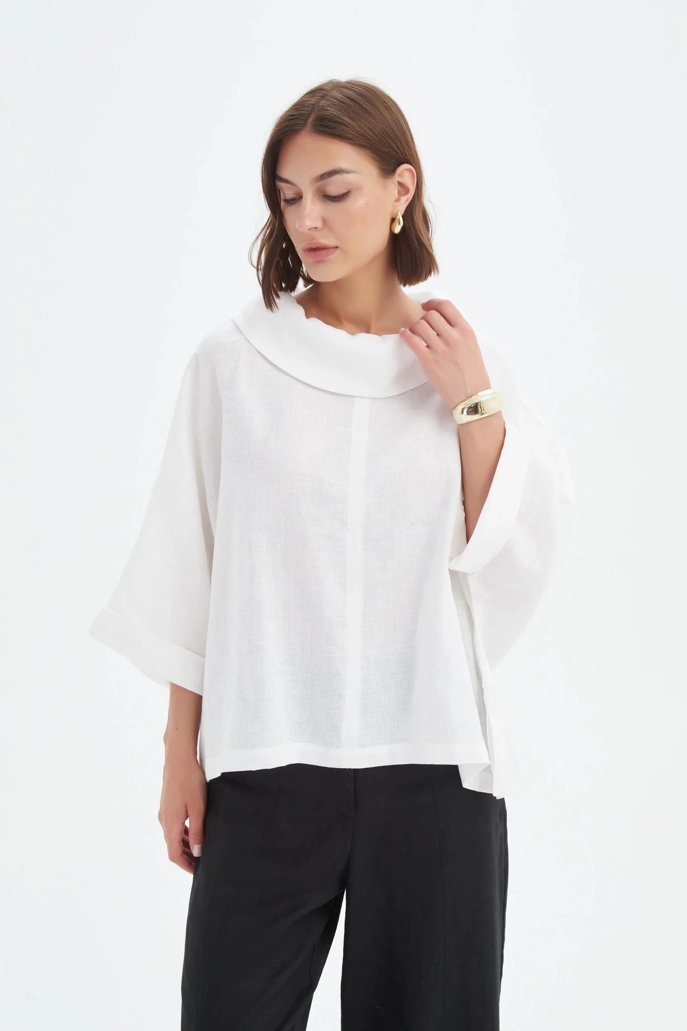 picture of Tirelli Funnel Neck Linen Boxy Top - White - Number Two - womens - fashion - clothing - Tirelli 1