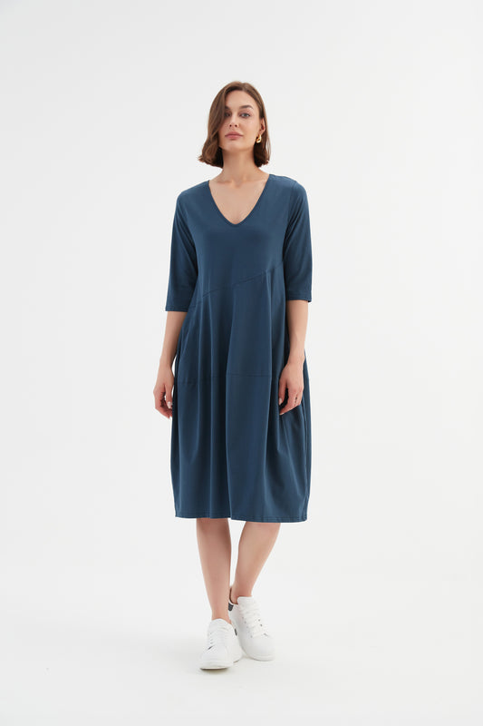 Tirelli V Neck Diagonal Seam Dress Teal