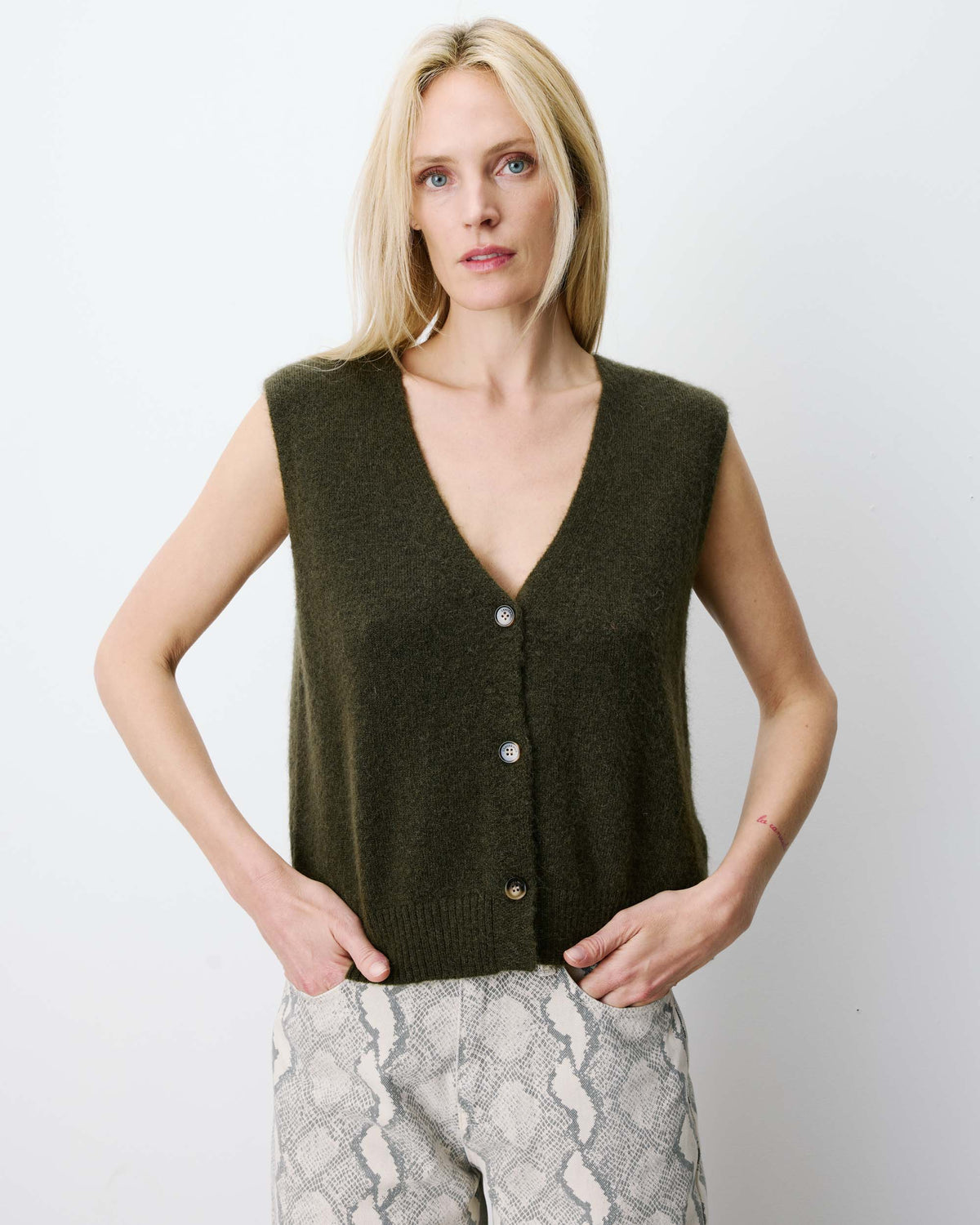 picture of Grace & Mila NARS Knit Tank W/Buttons - Khaki - Number Two - womens - fashion - clothing - Grace & Mila 1