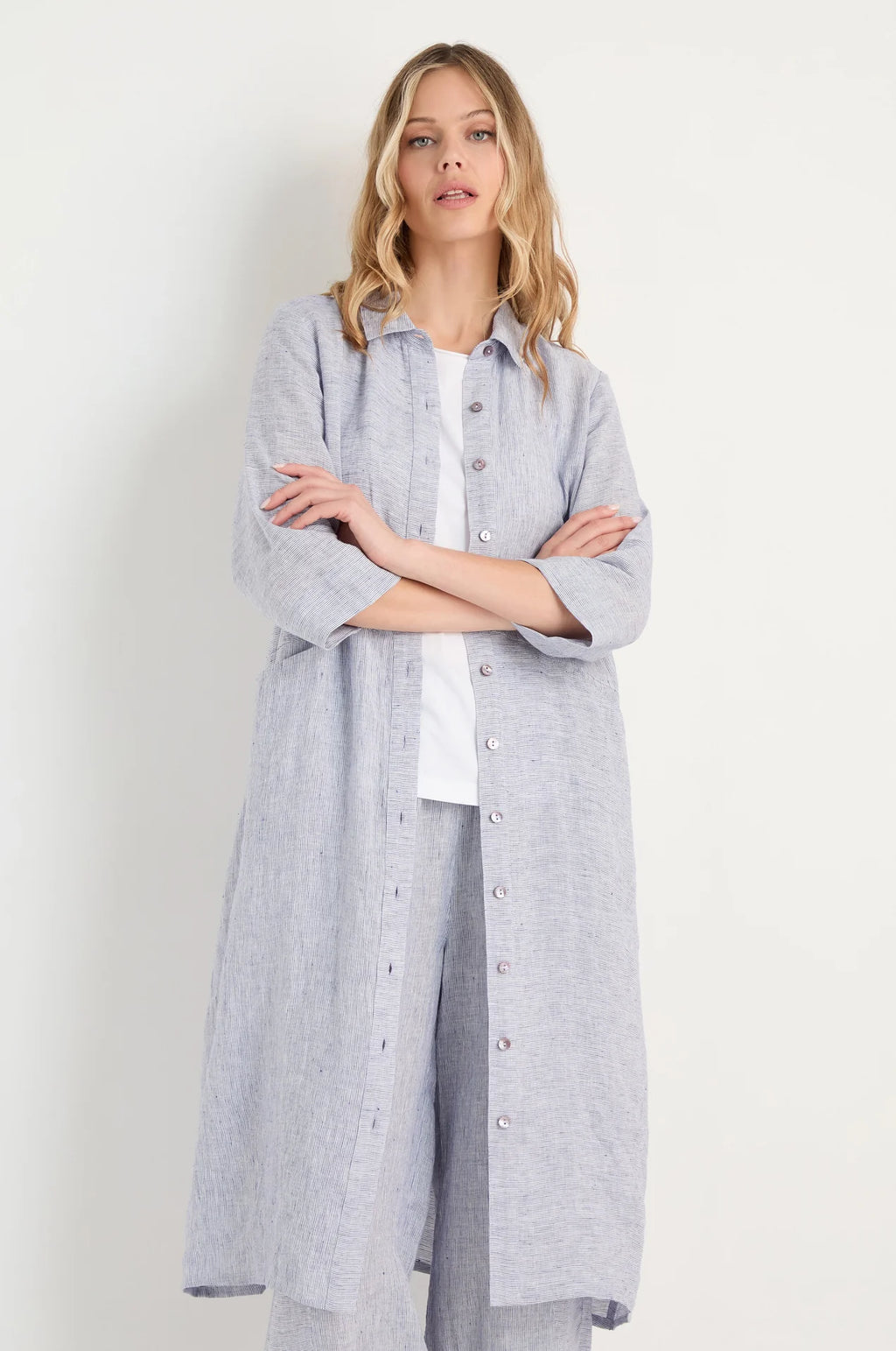 picture of Sahara Ticking Linen Shirt Dress - Blueberry/White - Number Two - womens - fashion - clothing - Sahara 3