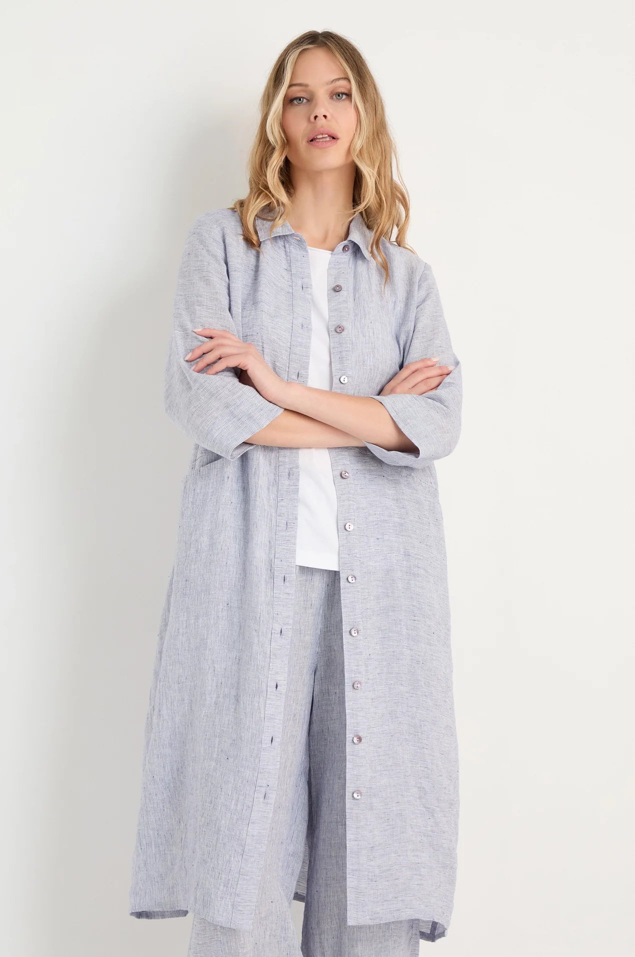 picture of Sahara Ticking Linen Shirt Dress - Blueberry/White - Number Two - womens - fashion - clothing - Sahara 3