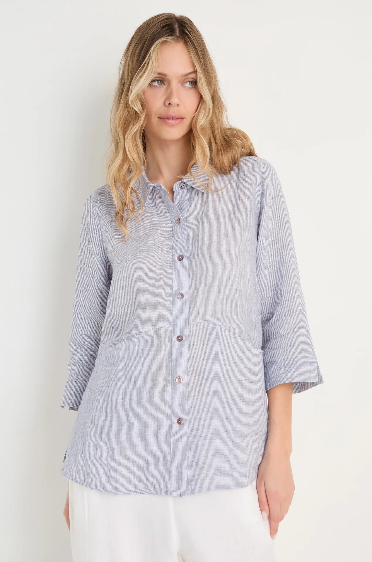 picture of Sahara Ticking Linen Shirt - Blueberry/White - Number Two - womens - fashion - clothing - Sahara 1