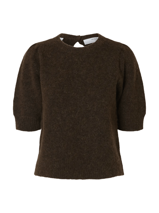 picture of Selected Femme Lulu Short Sleeve Open Back Wool Blend Knit - Delicioso Chocolate Melange - Number Two - womens