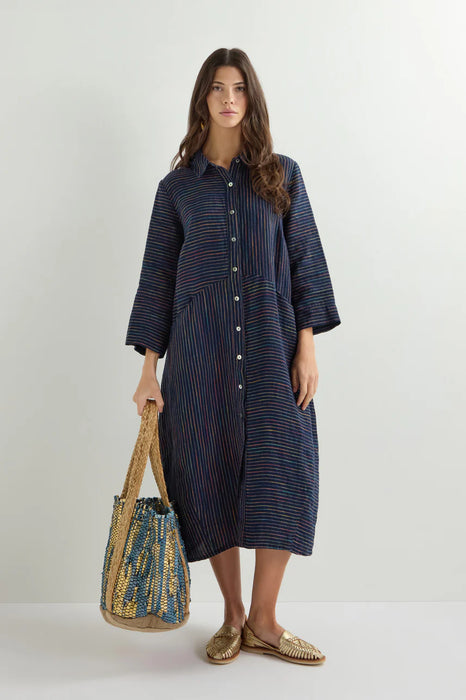 Sahara Linen Navy Space Dye Stripe Shirt Dress