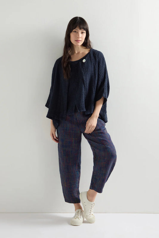 Sahara Linen Navy Space Dye Check Bubble Trouser Night Multi