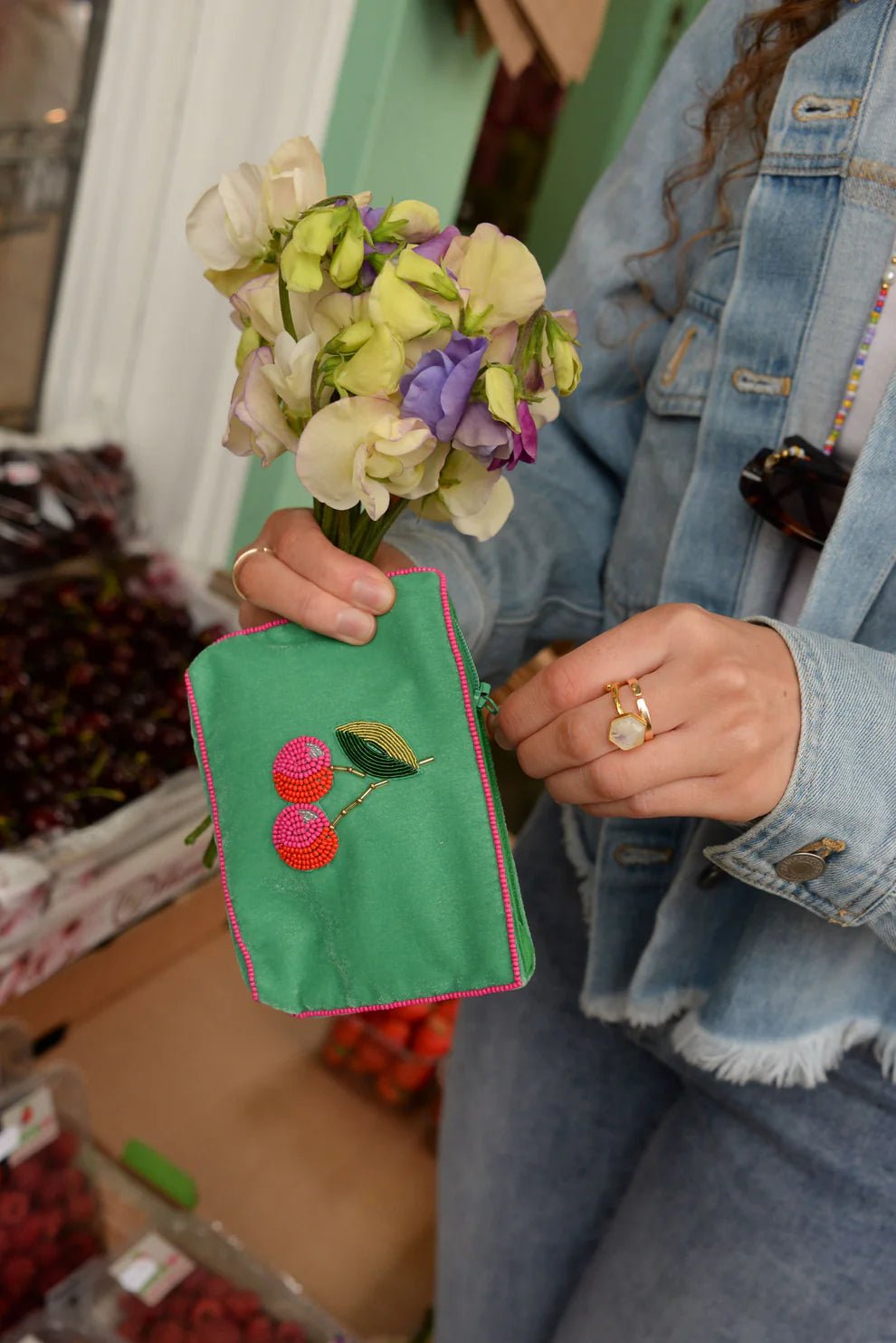 picture of My Doris Medium Velvet Beaded Pouch - Mint Green Cherry - Number Two - womens - fashion - accessories - My Doris 2