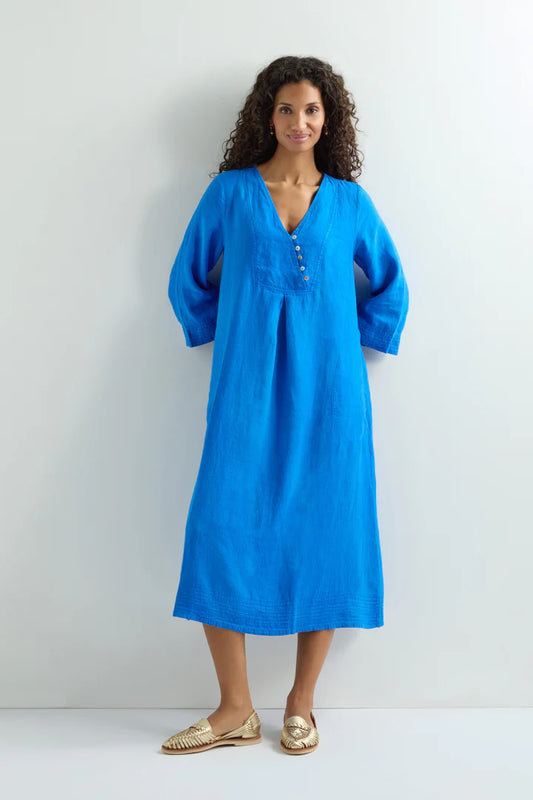 Sahara Linen Button Placket Dress Sapphire