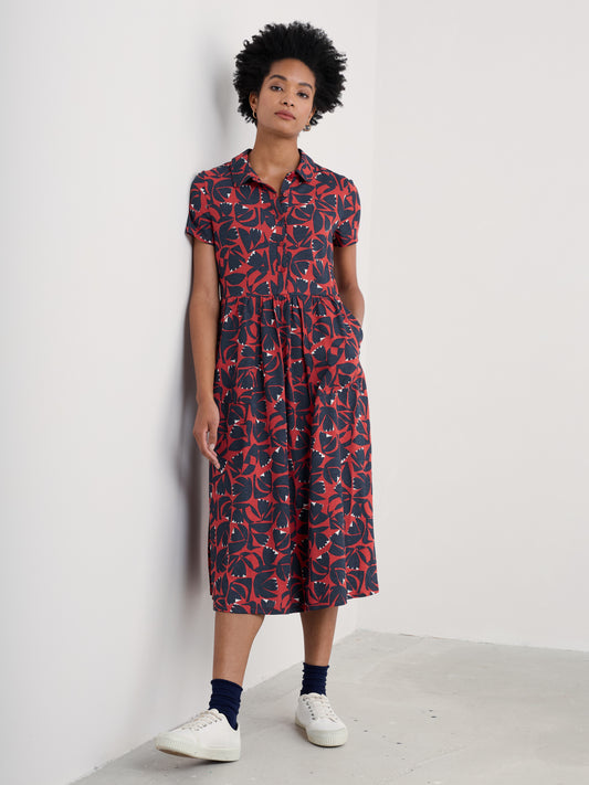 Seasalt Mainland Jersey Midi Dress Floral Cutout Dark Cinnamon Pattern